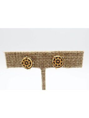 AVON Snow Fantasy Gold Tone & Black Dainty Clip On Stud Earrings Vintage 80s